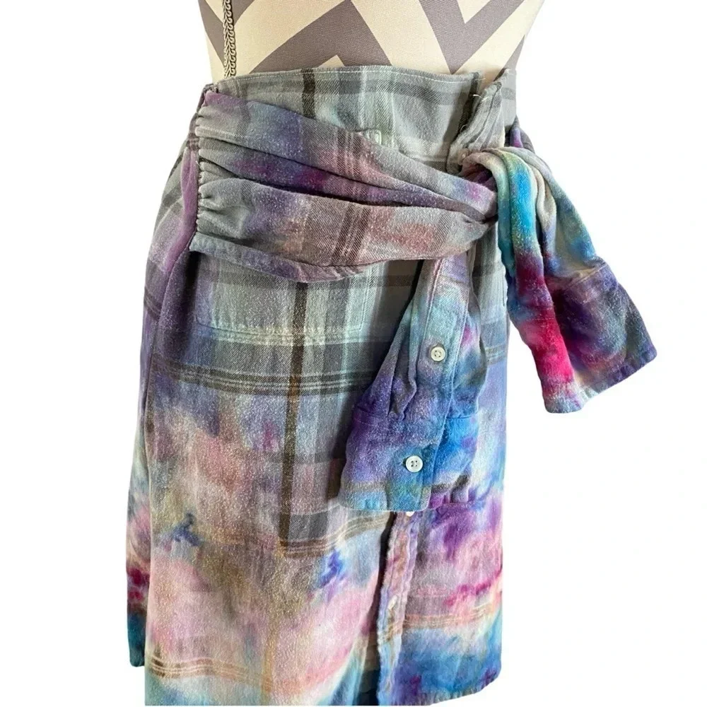 Handmade Shirt Skirt Womens XS - Small Tie Dye Flannel Plaid Tie Waist Skirt